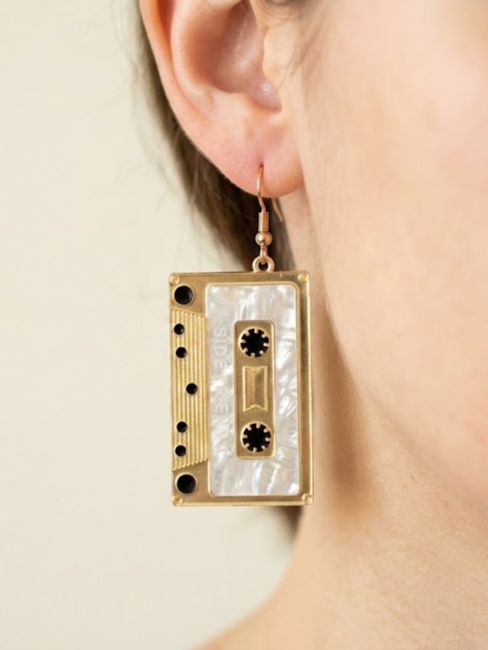 Gold tone and White Cassette Tape Earrings